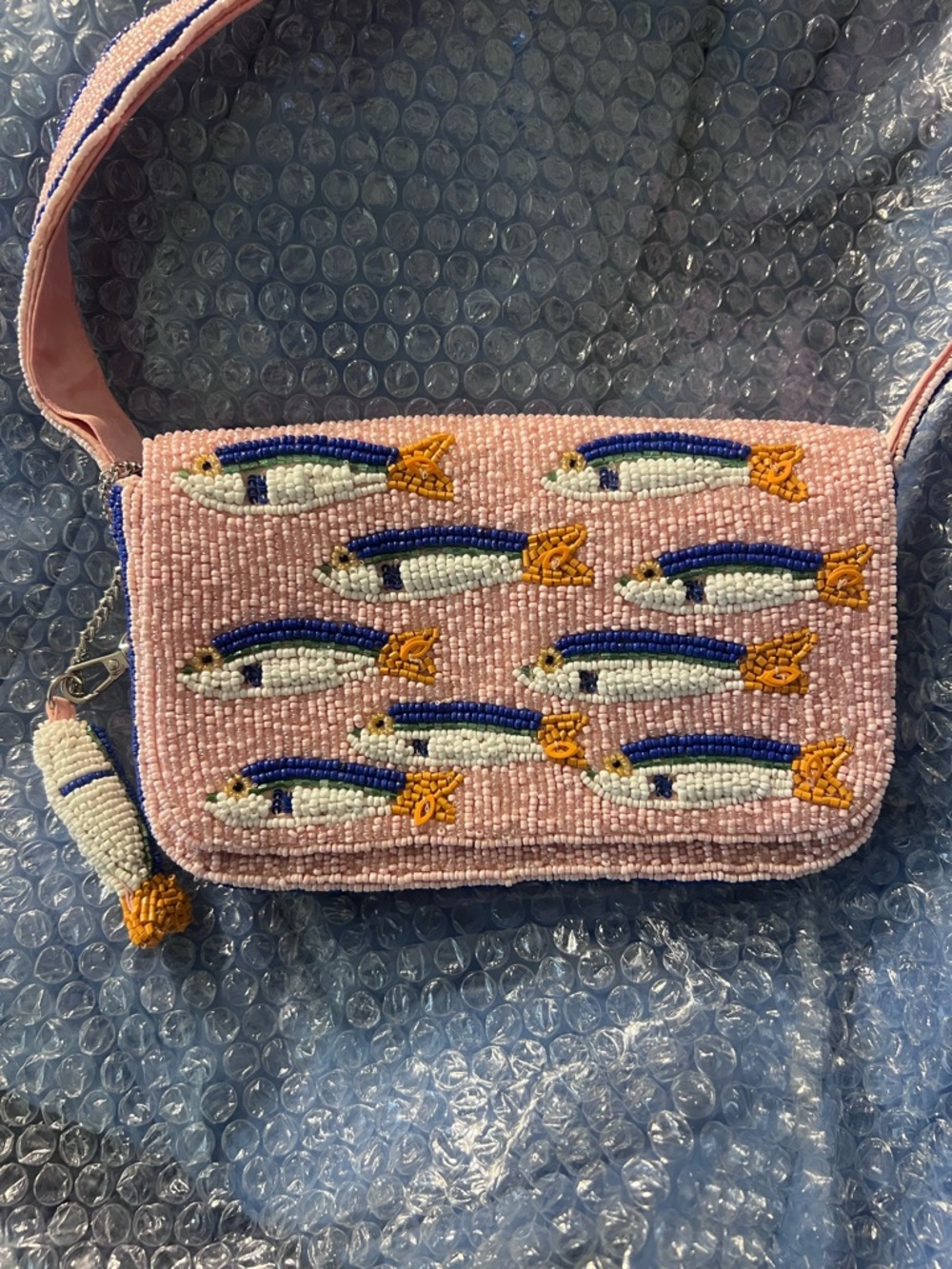 Beaded Sardine Shoulder Bag Pink India Fish Clutch Coastal Preppy NWT